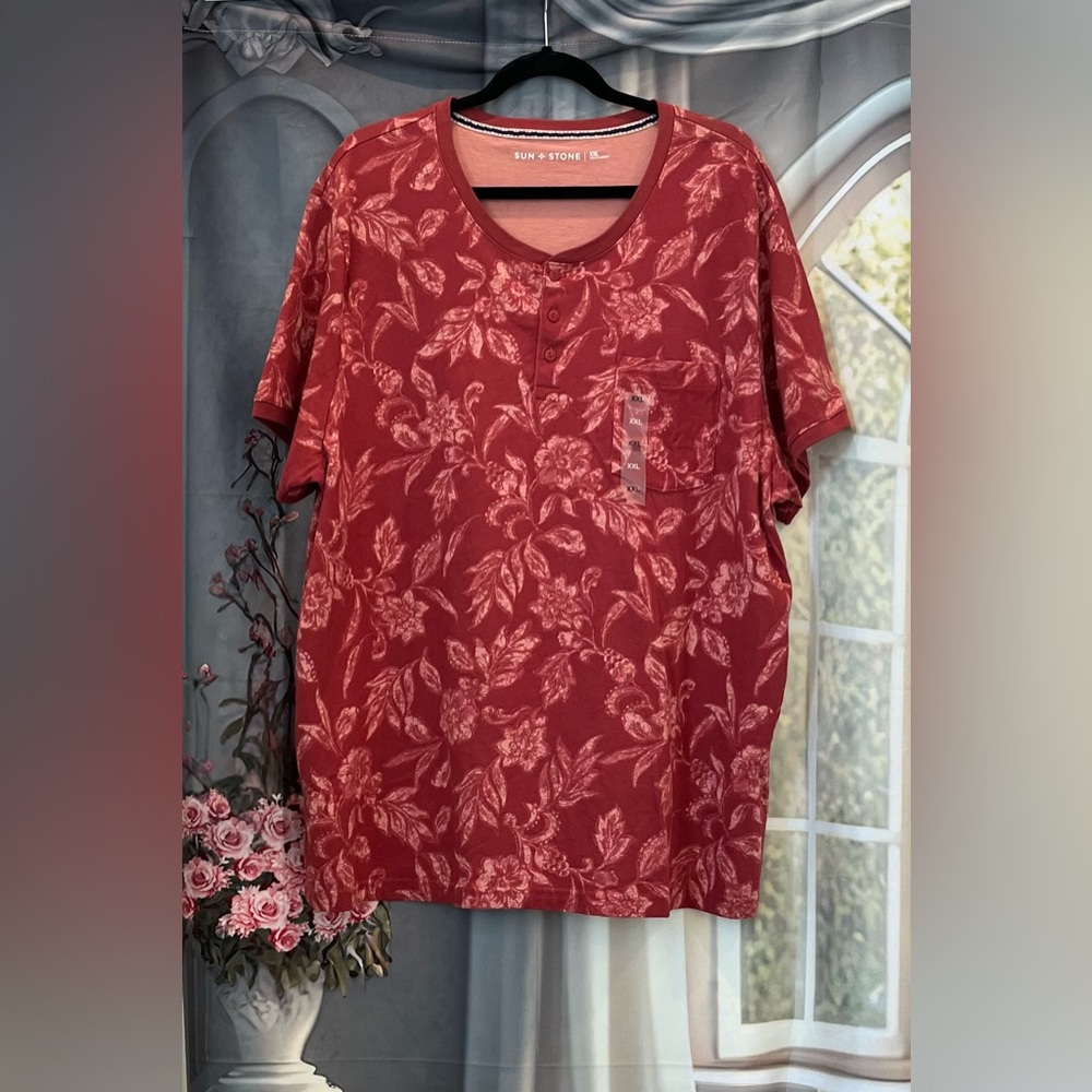 Sun Stone Size:XXL Men Short Sleeve T Shirt 100% Cotton Night Flower Pocket